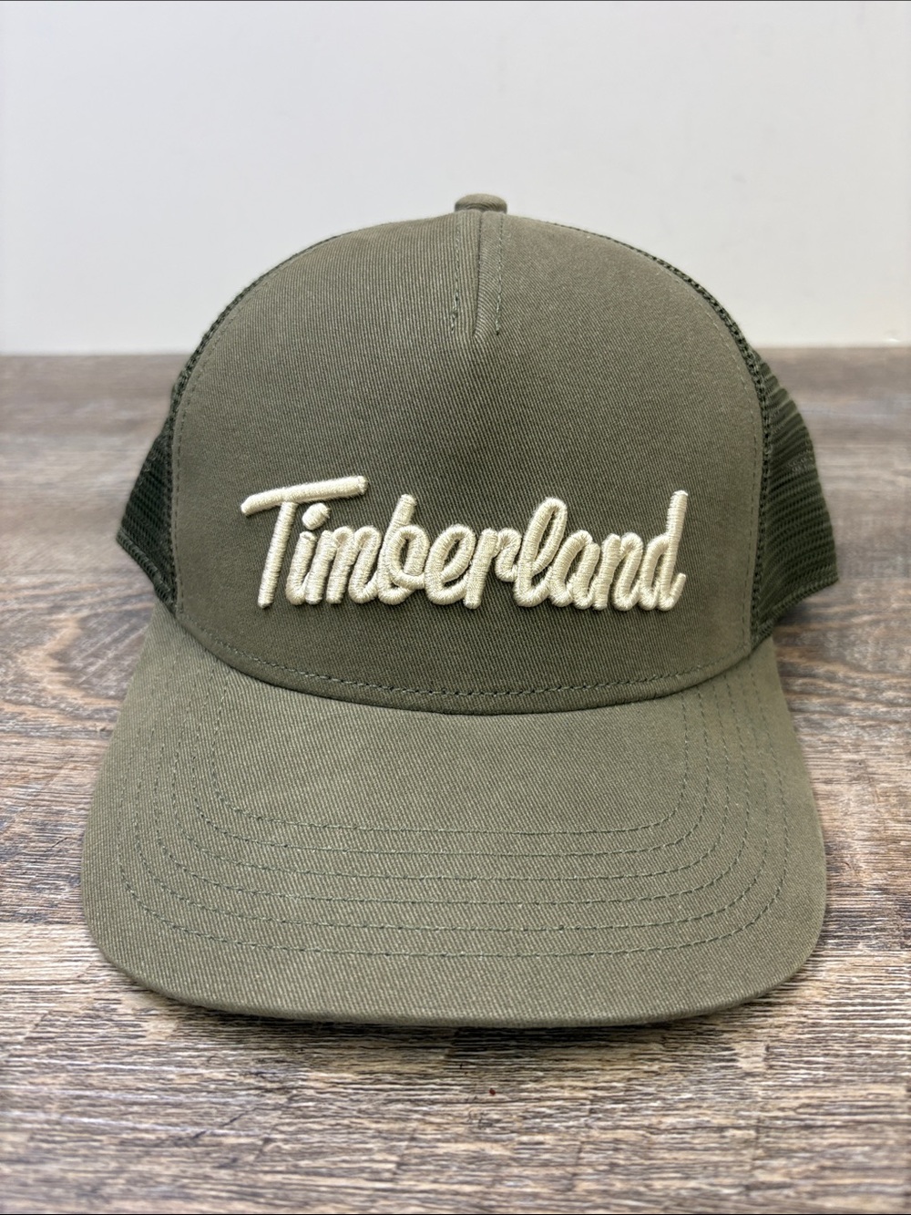 Timberland Olive Green Script Logo Mesh Trucker Hat Snapback Cap One Size